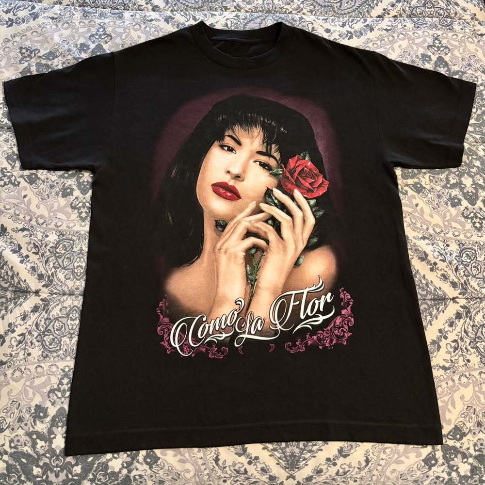 Selena Como La Flor Graphic Tee — Black with Pink & Red Accents